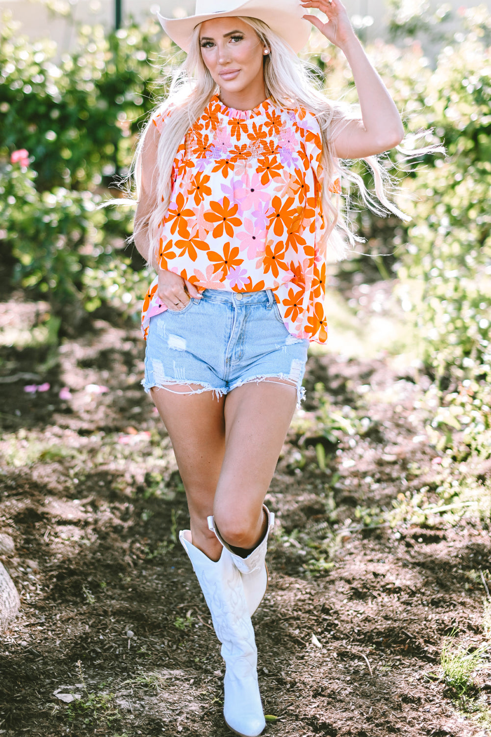 Alison Ruffled Sleeve Smocked Floral Top-3