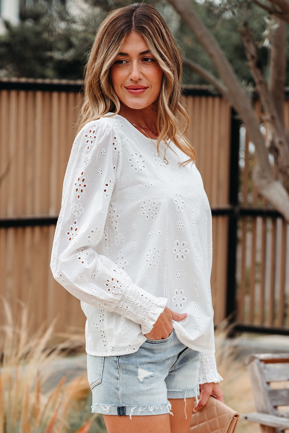 Allison Eyelet Embroidered Smocked Cuff Sheer Blouse-2