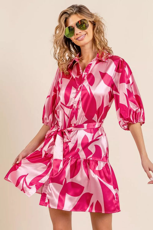 BiBi Leaf Pattern Collared Satin Dress-1