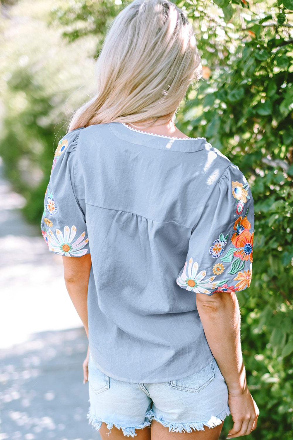 Hadlee Floral Embroidered Puff Sleeve Split Neck Blouse-1