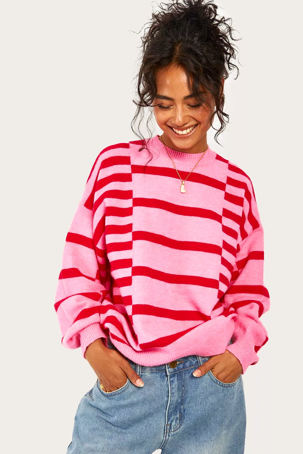 Pink Stripe Bubble Sleeve Drop Shoulder Ribbed Trim Sweater