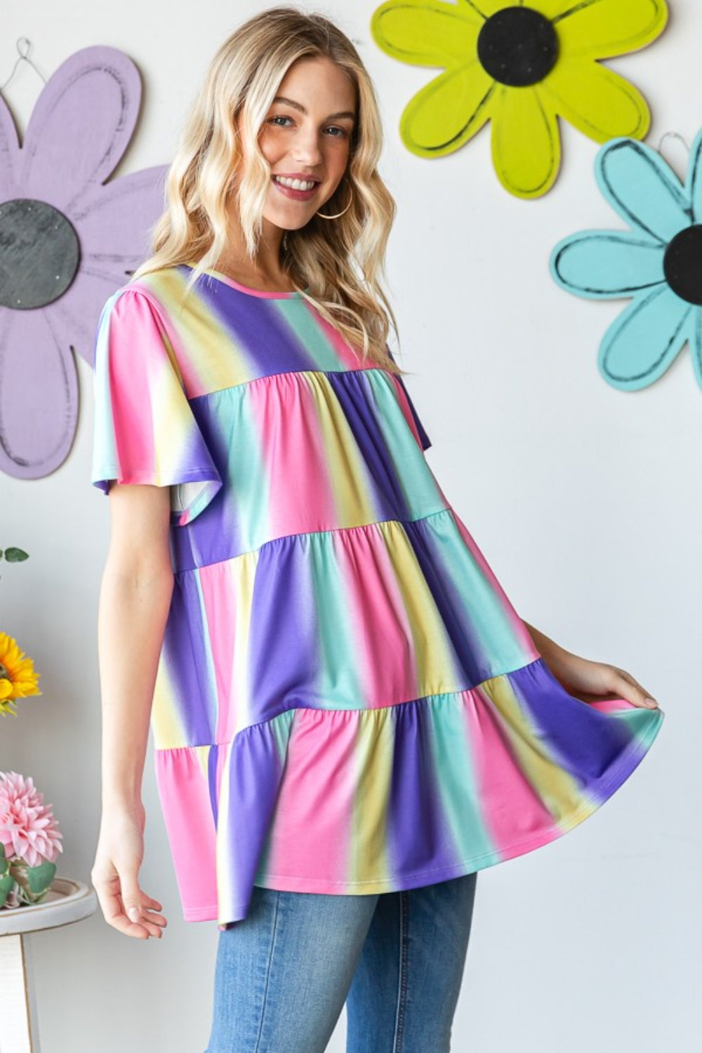 Heimish Full Size Short Sleeve Striped Tiered Top-2