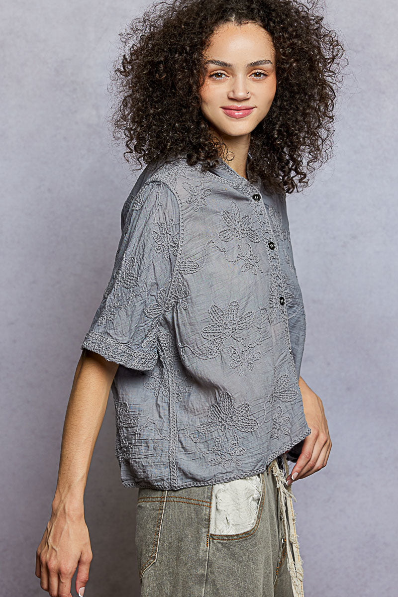 POL Button Front Floral Stitching Breathable Hooded Shirt-2