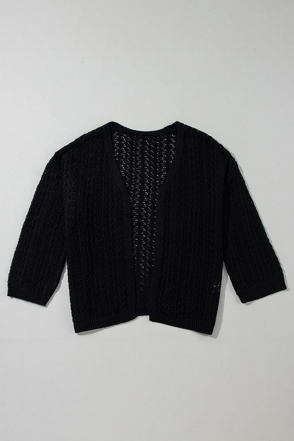 Black Hollow Out Knit Drop Shoulder Open Front Cardigan