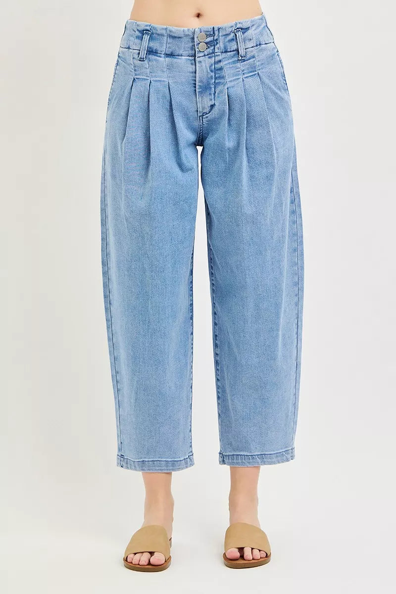 RISEN Slouchy Crop Barrel Pleated Jeans-2