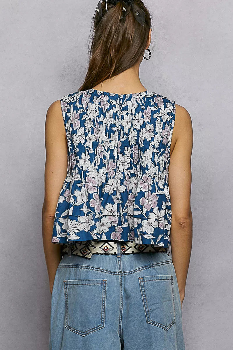POL Floral Round Neck Cropped Pintuck Tank-3