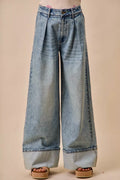SO ME Mid Rise Plated Wid Leg Denim Jean-0
