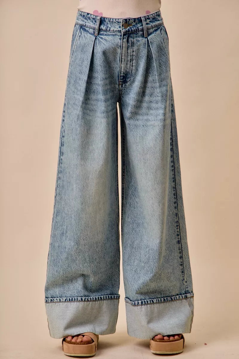 SO ME Mid Rise Plated Wid Leg Denim Jean-0