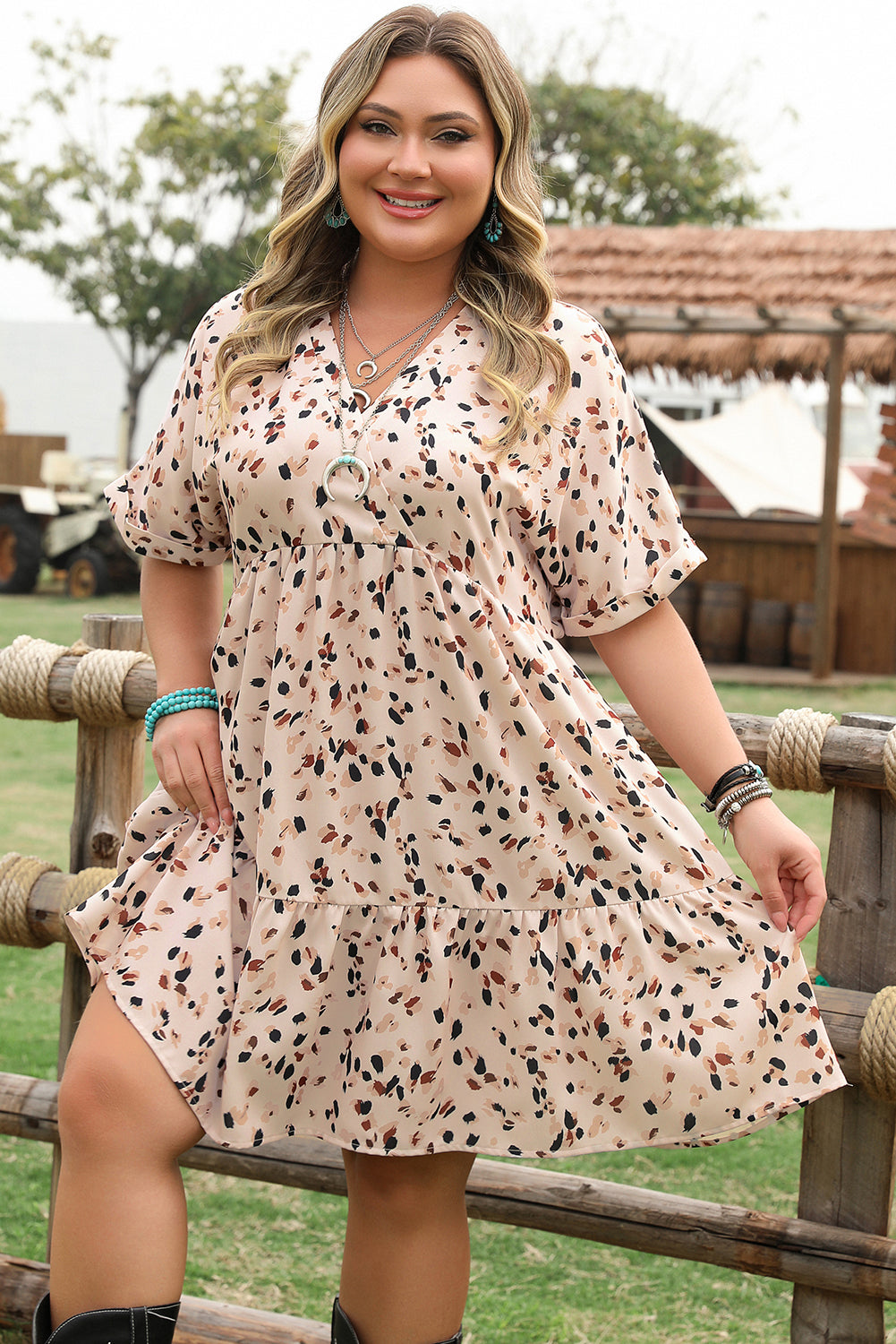 Leila Plus Size Cuffed Sleeve Empire Waist Dress-3
