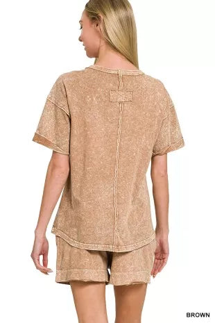 Zenana Halo Snow Washed Exposed Seam Top & Shorts Set-2