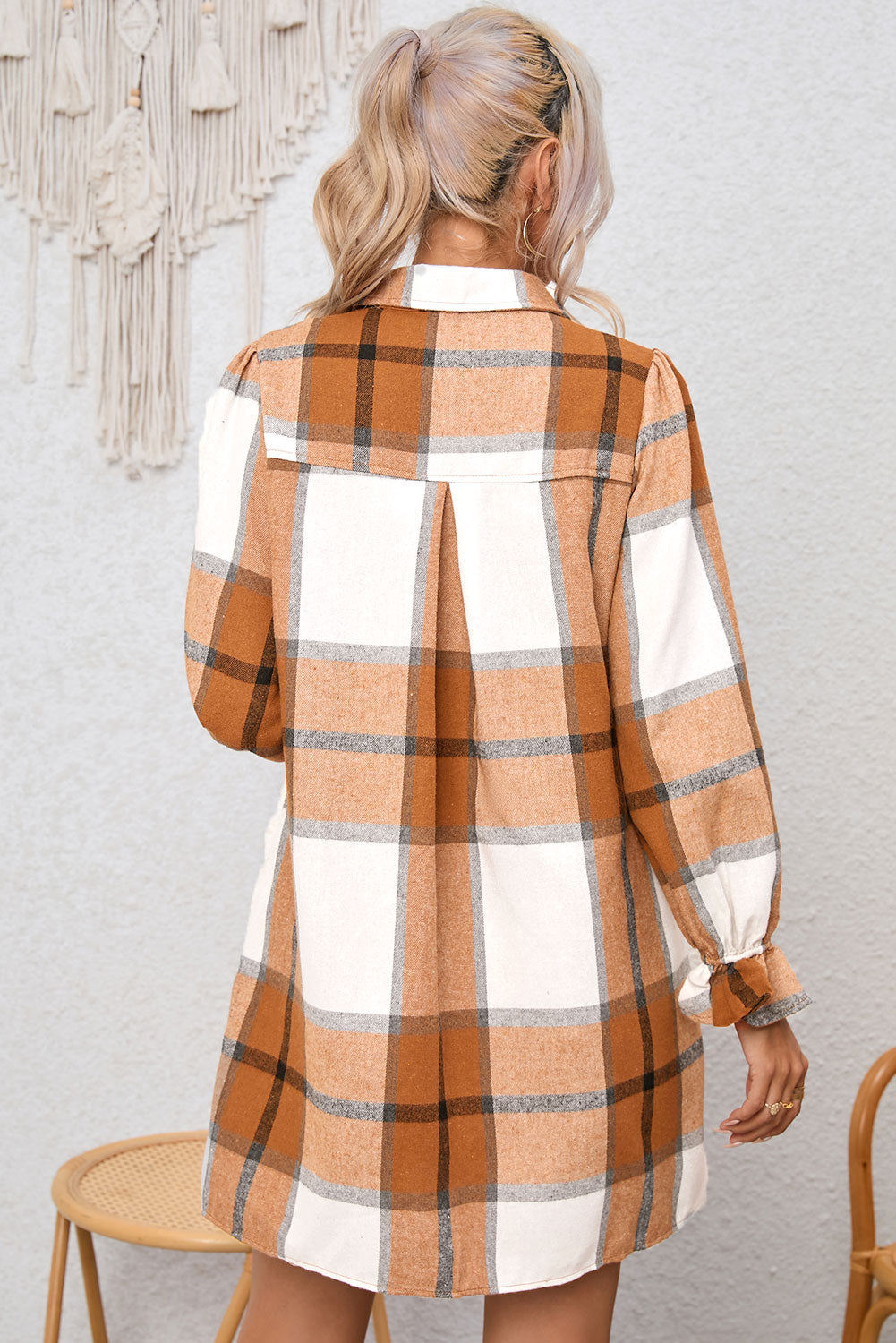 Elise Plaid Pattern Collared Neck Ruffled Sleeve Shirt Dress-1