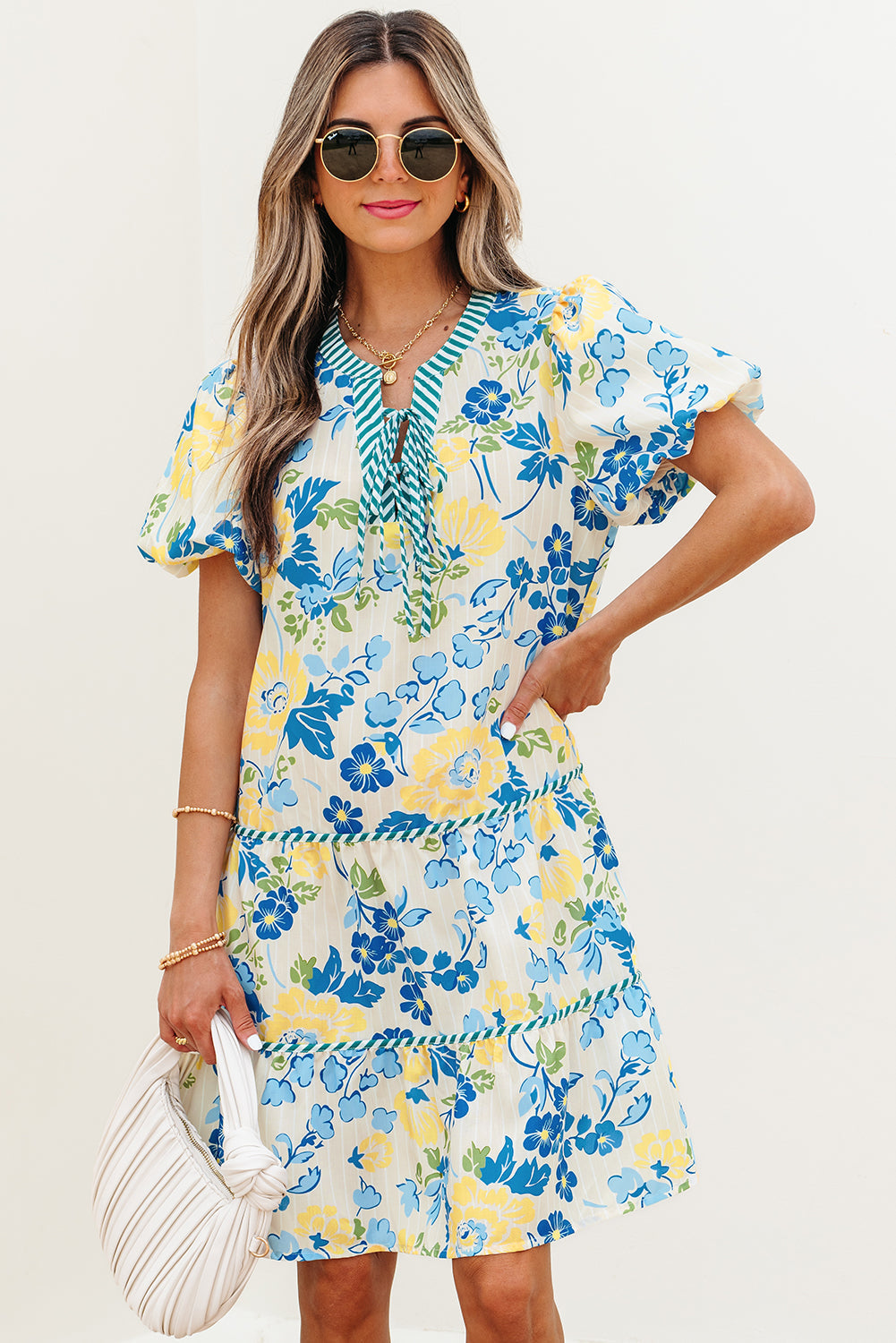 Payton Floral Striped Trim Puff Short Sleeve Dress-0