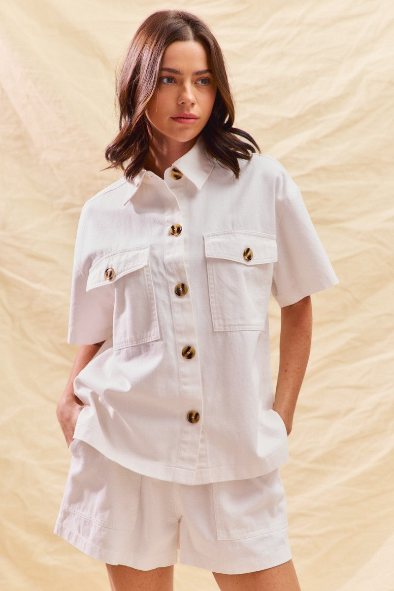 SO ME Button Down Denim Game Day Top and Shorts Set-0