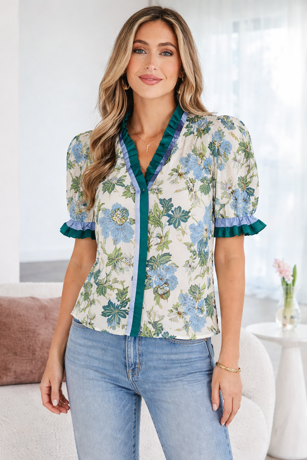 Mila Trim Short Sleeve Blouse-0