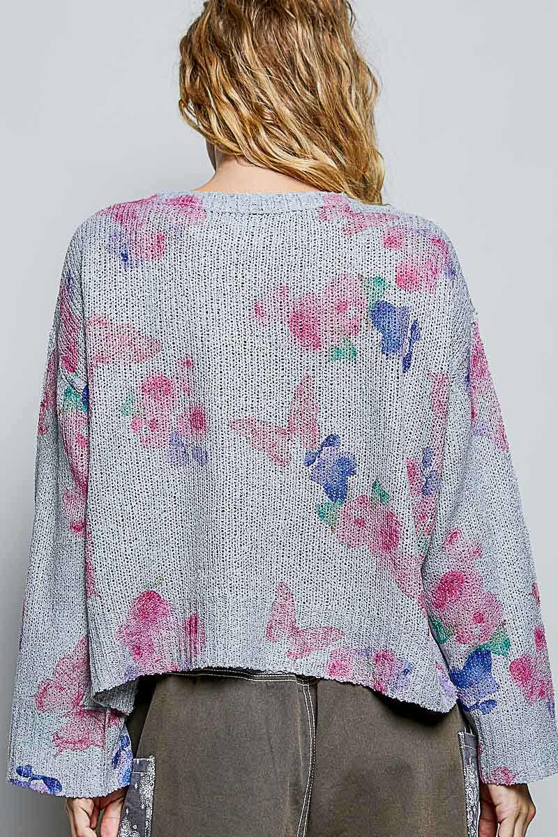 POL Ribbed Butterfly Print Round Neck Knit Top-3