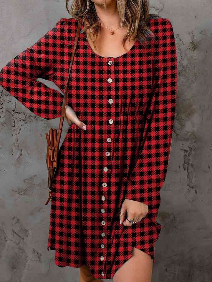 Double Take Full Size Plaid Round Neck Long Sleeve Magic Dress-2
