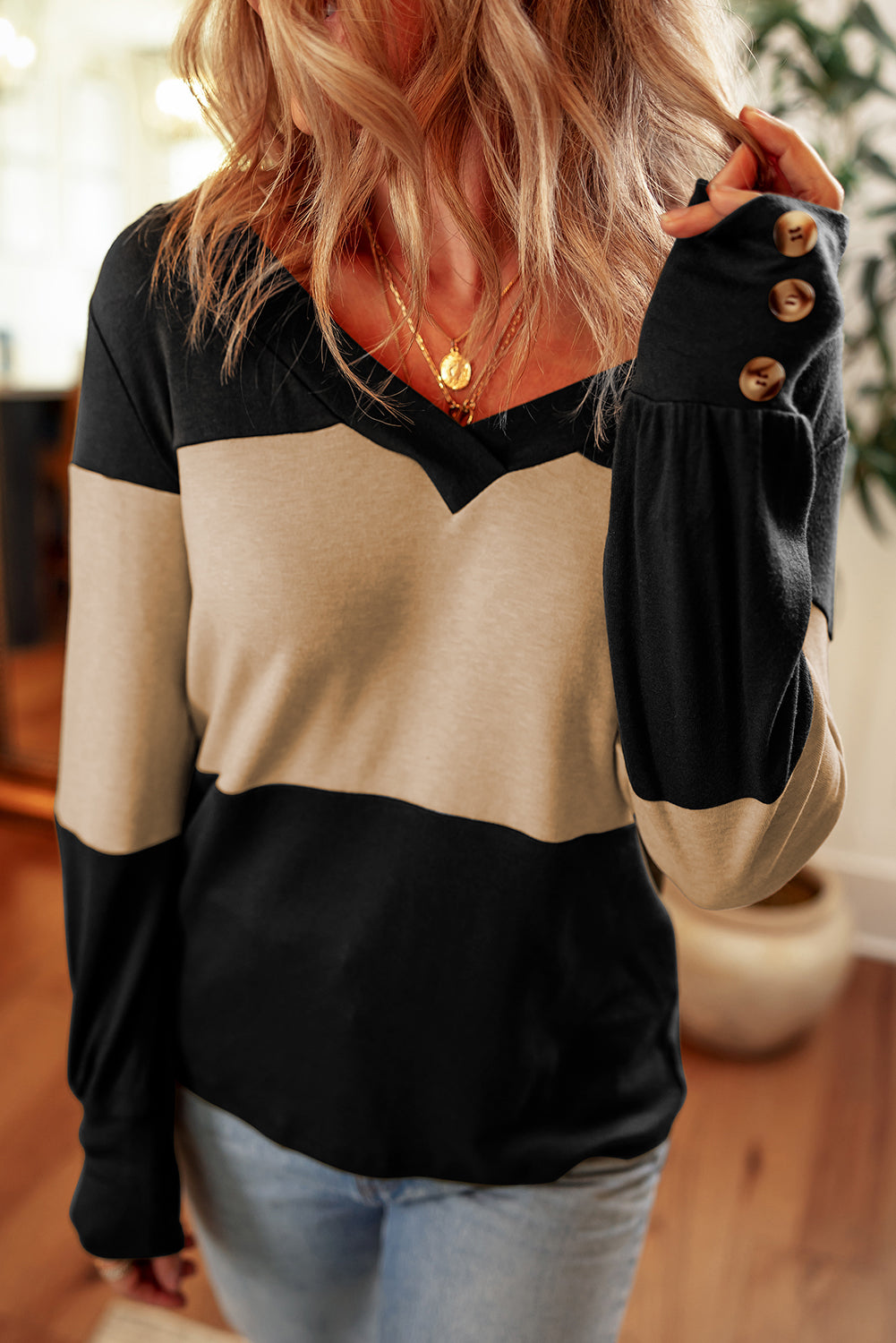 Parchment Colorblock Button Decor Long Sleeve V Neck Top