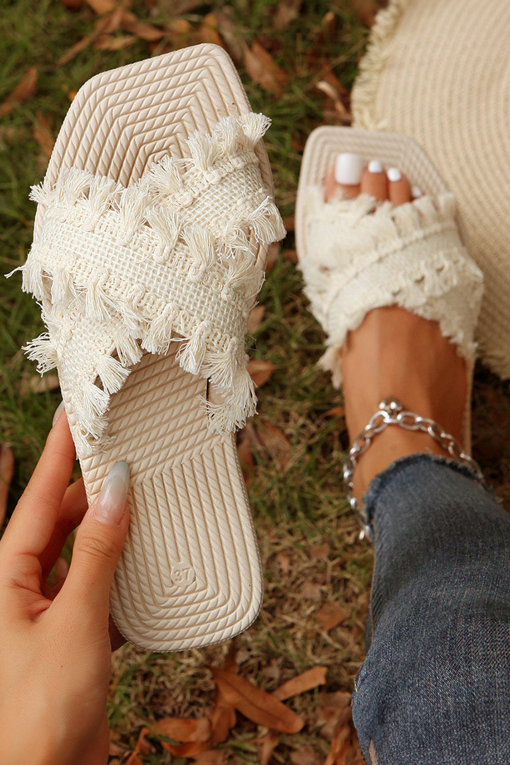 Vada Tassel Woven Crossed Straps Flat Slippers-2