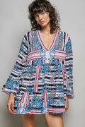 POL Striped Floral Long Sleeve Mini Dress with Pintuck Detail-0