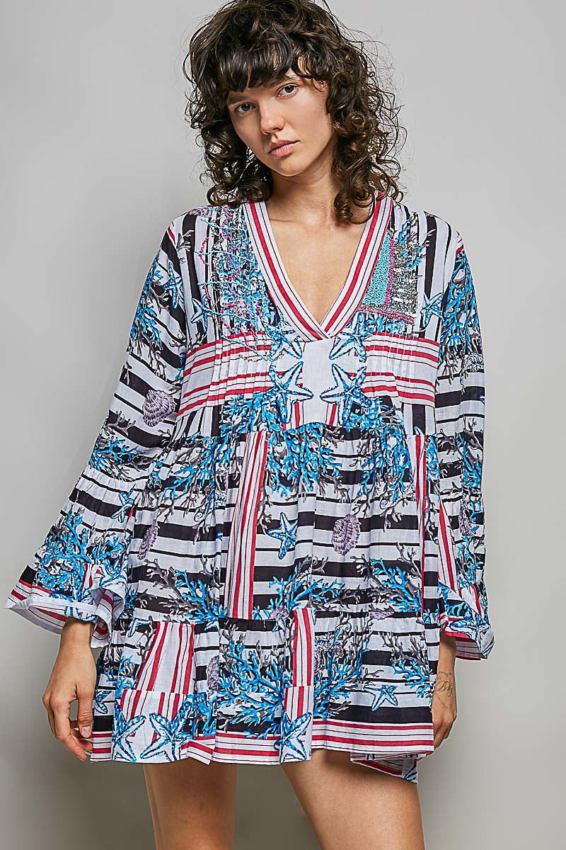POL Striped Floral Long Sleeve Mini Dress with Pintuck Detail-0