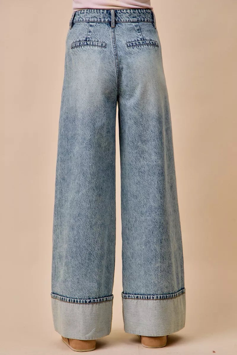 SO ME Mid Rise Plated Wid Leg Denim Jean-3