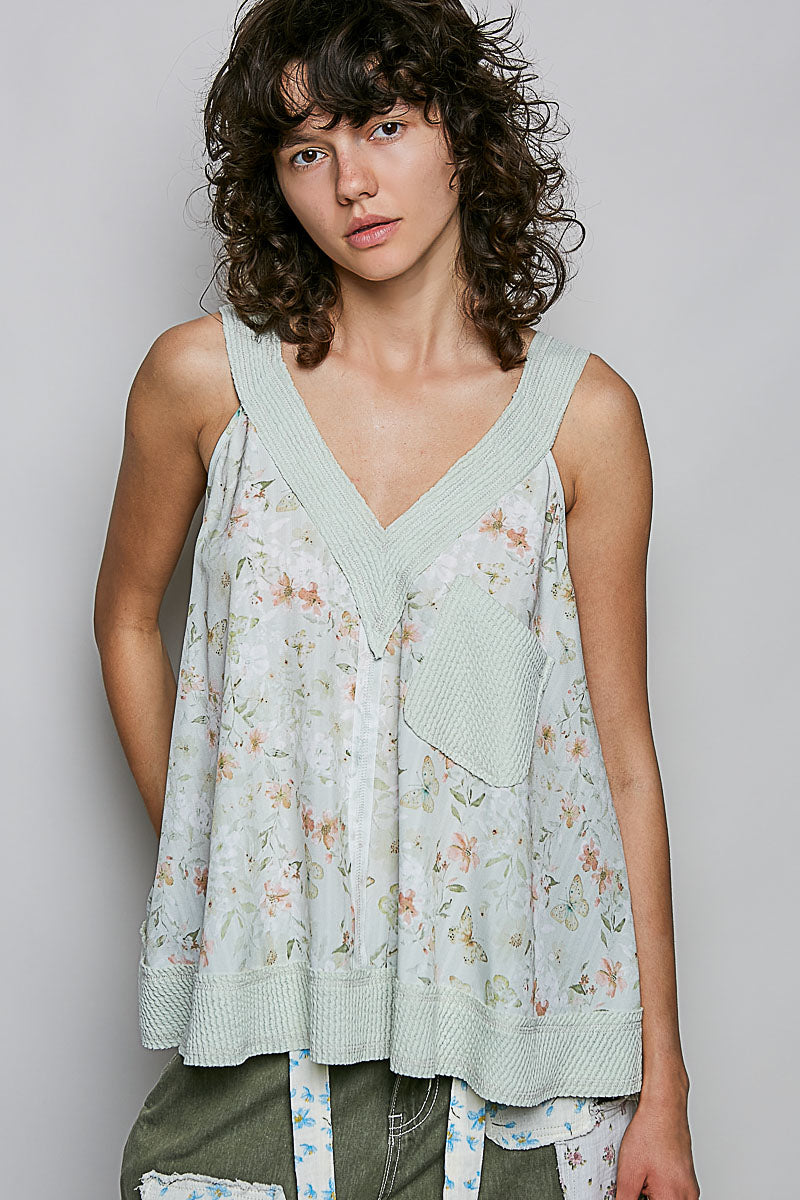 POL Floral V-Neck Tank with Front Pocket-0