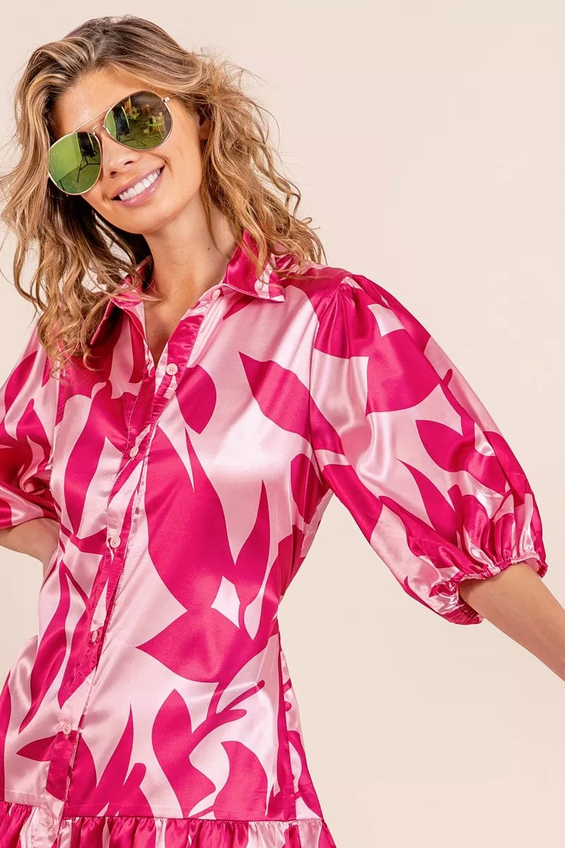 BiBi Leaf Pattern Collared Satin Dress-4