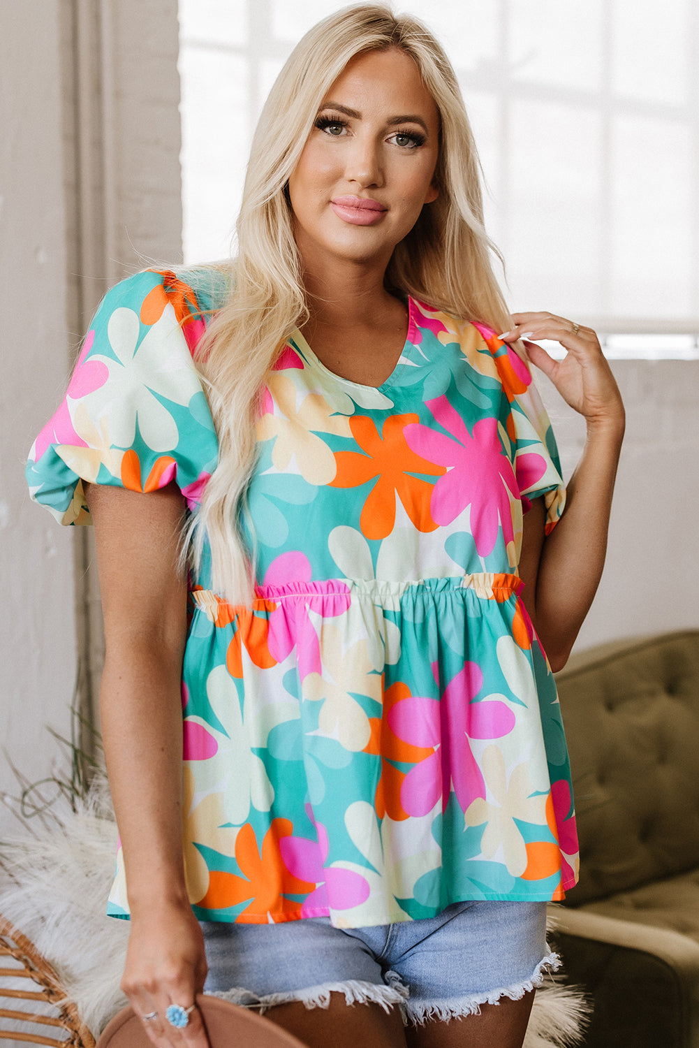 Kathryn Bubble Sleeve Peplum Blouse-3