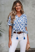 Grace Geometric Tassel Drawstring V Neck Blouse-0