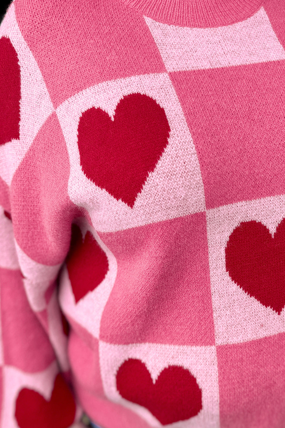 Pink Love Heart Checkered Valentine Crew Neck Sweater