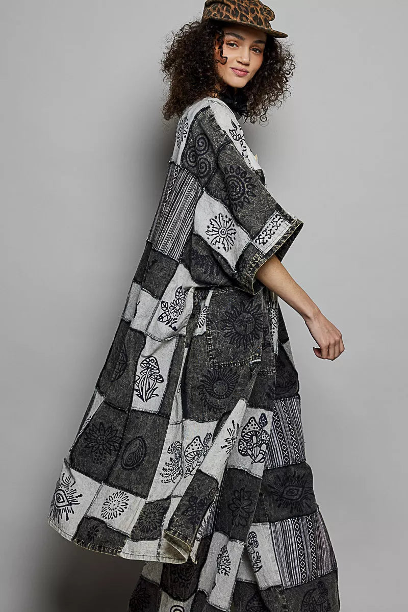 POL Open Front Printed Patchwork Longline Cardigan-4