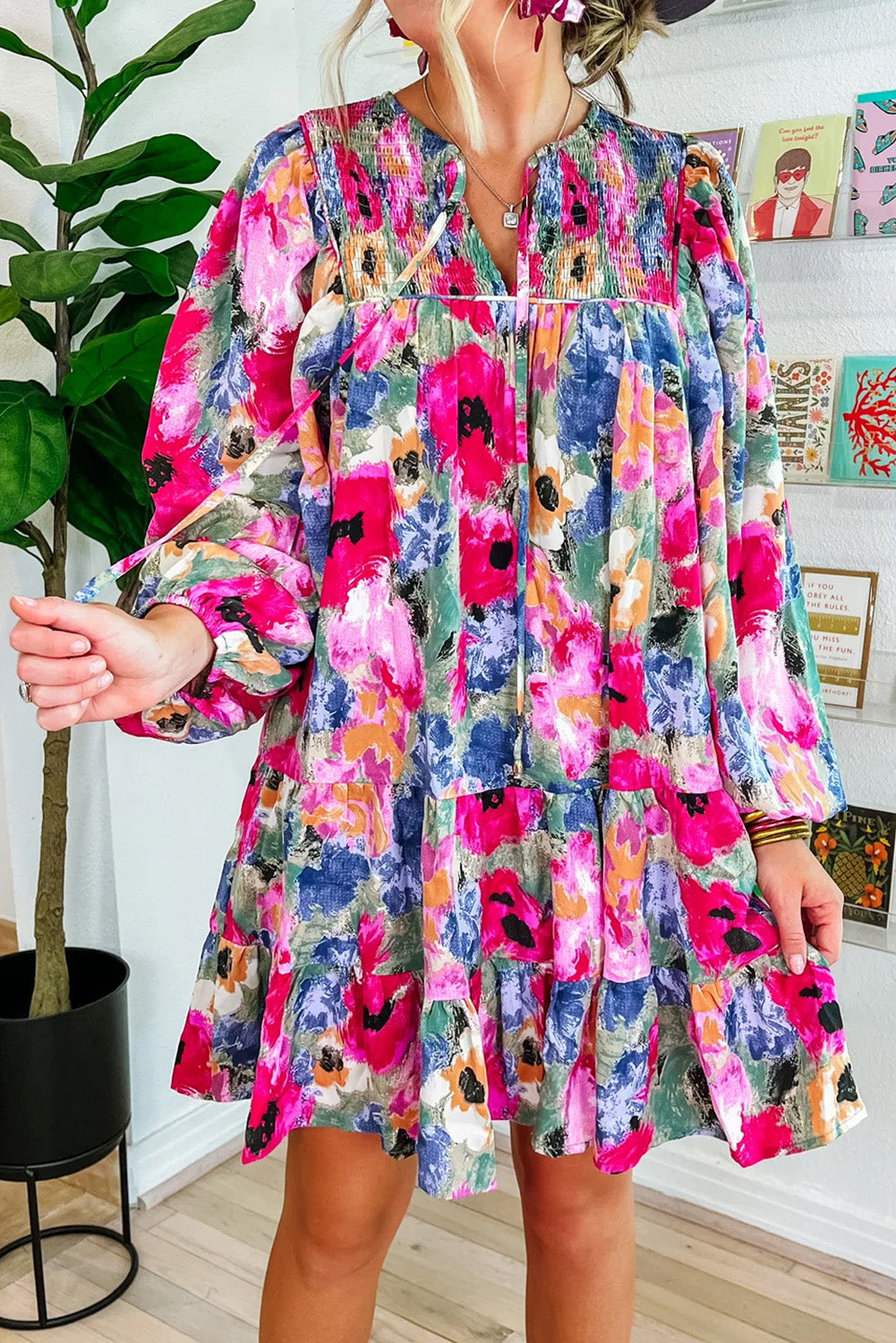 Multicolour Floral Tie Neck Bubble Sleeve Shift Dress