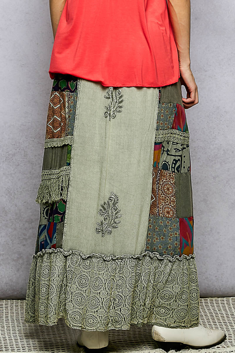 POL Printed Patchwork Embroidered Ruffled Skirt-2