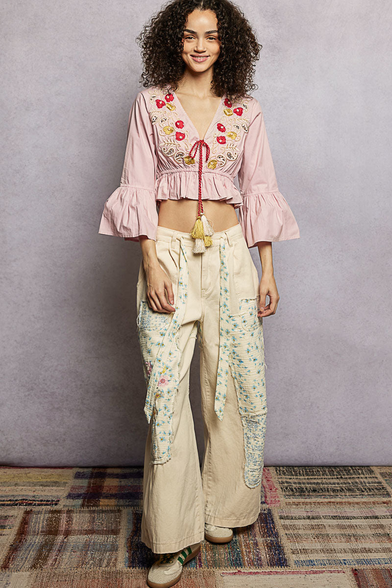 POL Floral Embroidered Cropped Blouse with Flared Ruffle Sleeves-4