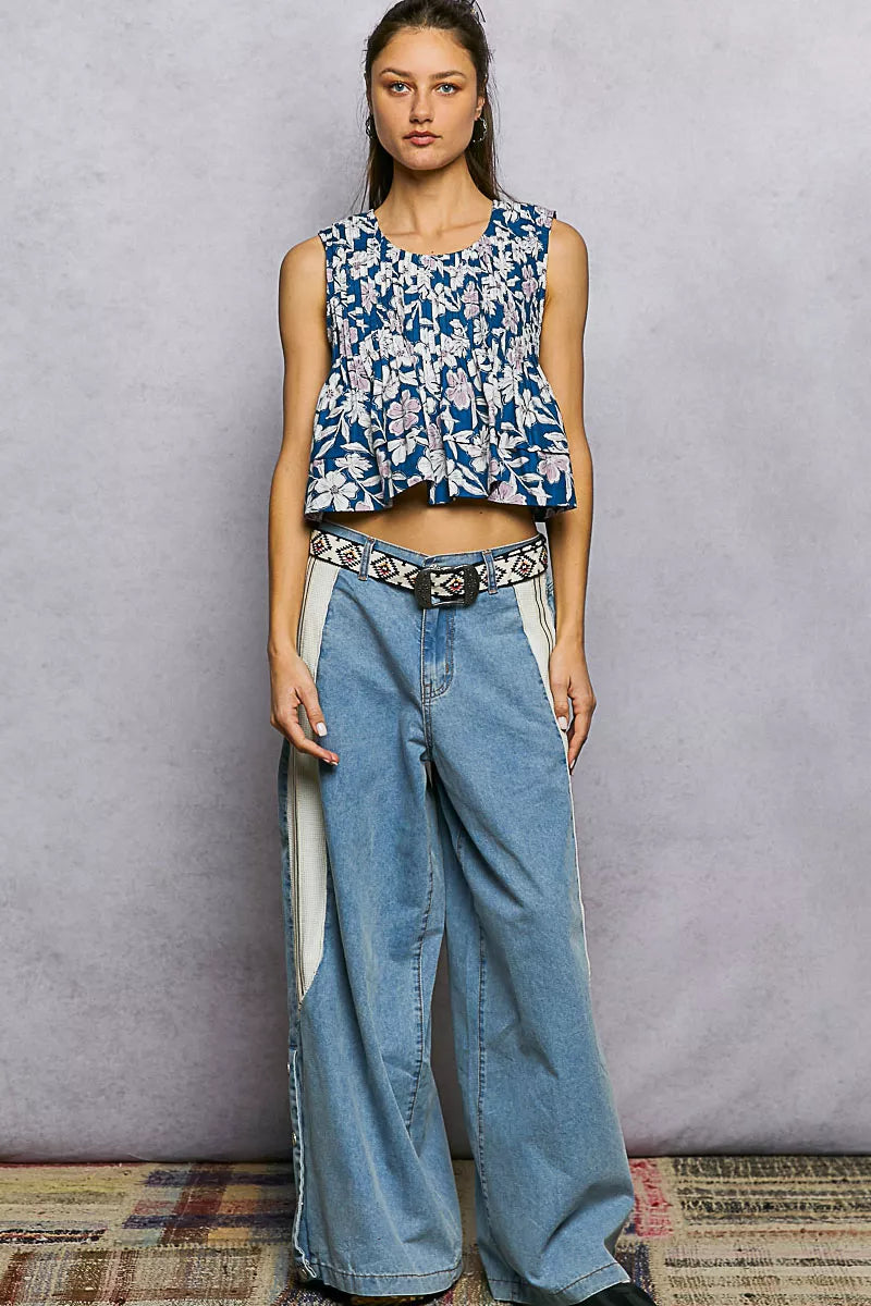 POL Floral Round Neck Cropped Pintuck Tank-4