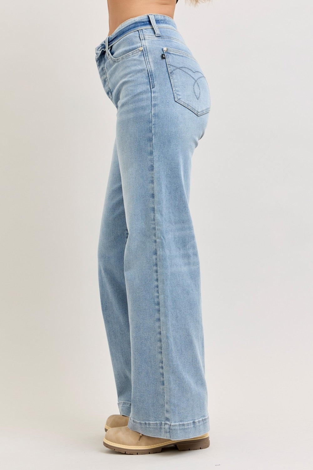 Judy Blue Mid Rise Retro Wide Leg Jeans with Fold-over Waistband-2