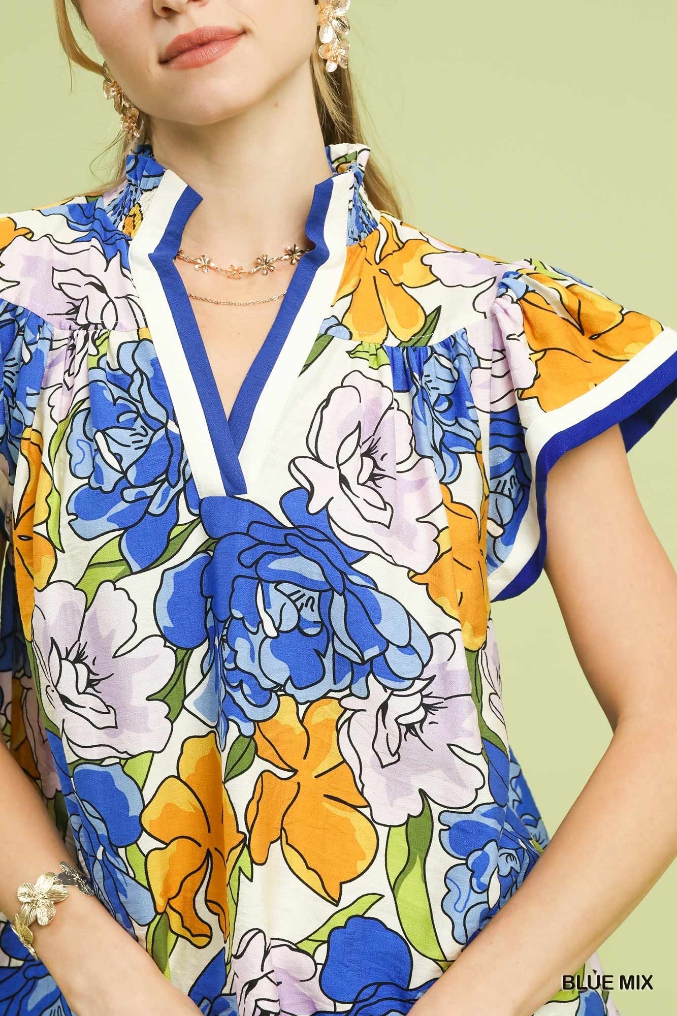 Umgee Floral Print Blouse with Contrast Trim-3