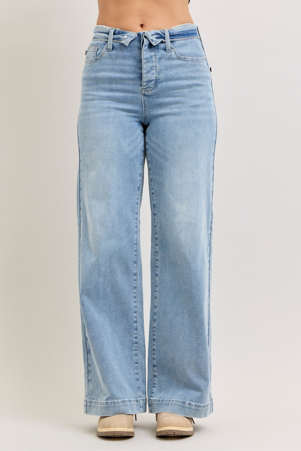 Judy Blue Mid Rise Retro Wide Leg Jeans with Fold-over Waistband-0