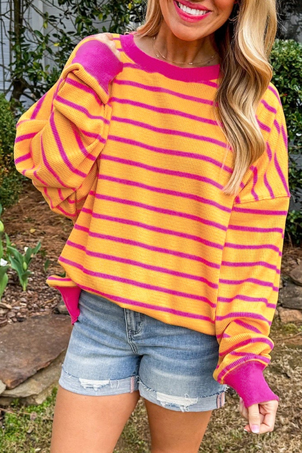 Orange Stripe Trimmed Round Neck Drop Shoulder Loose Sweater