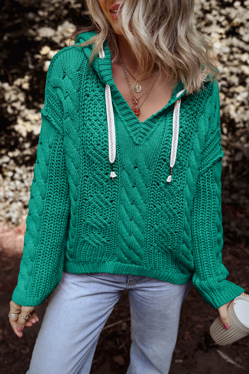 Sea Green Cable Knit V Neck Contrast Drawstring Hooded Sweater