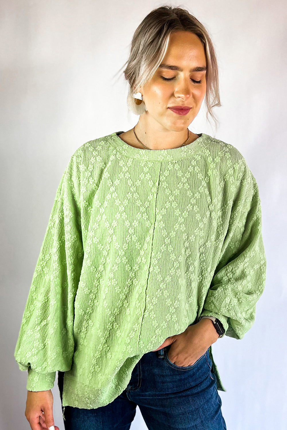 Light Green Solid Color Textured Side Split Crew Neck Blouse