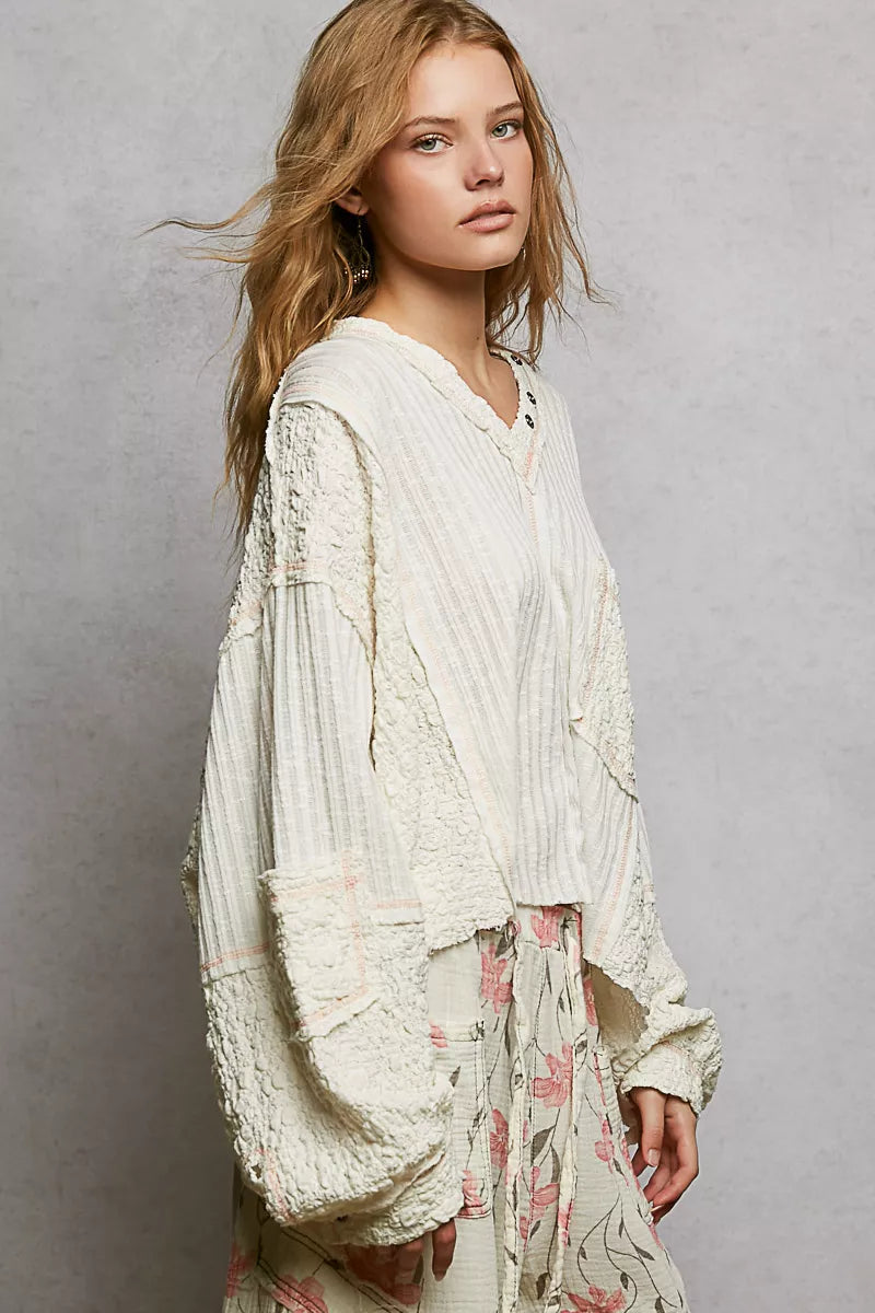 POL V-Neck Long Sleeve Top with Stitch Detail-1