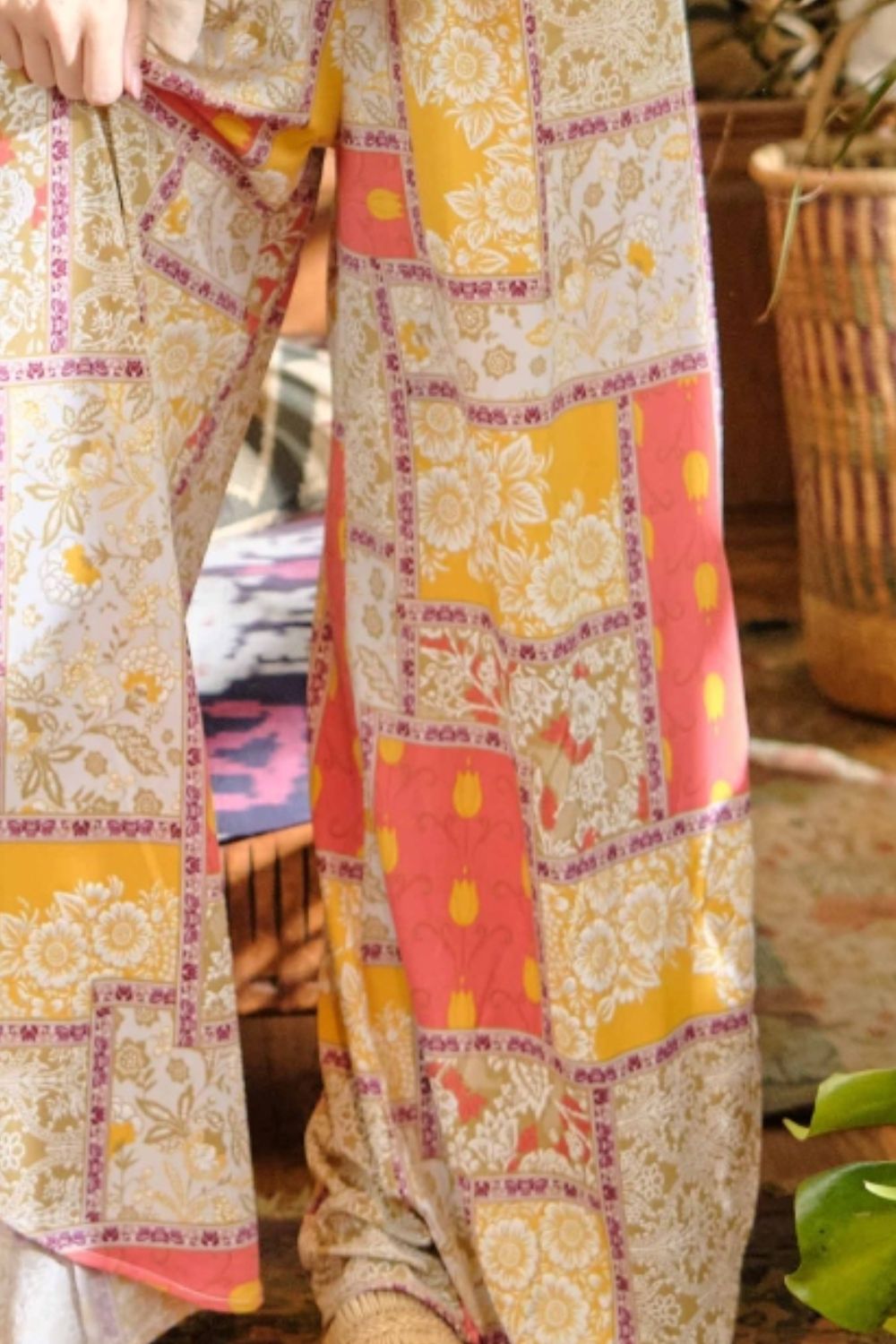 And The Why Printed Smocking Waist Side Slit Wide Leg Pants-2