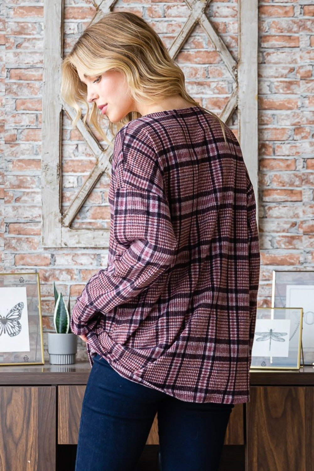 Heimish Full Size Plaid V-Neck Long Sleeve Top-1