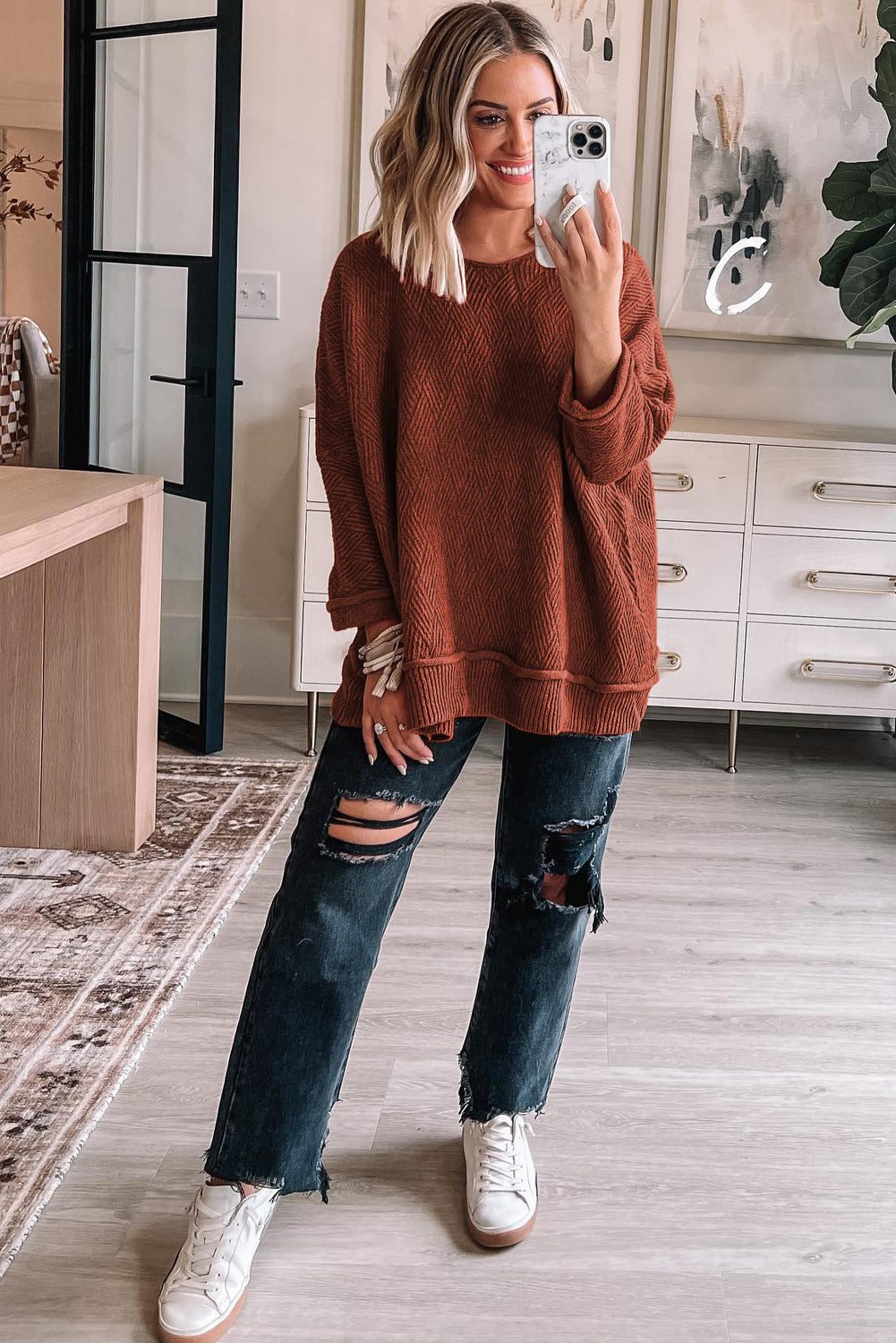 Gold Flame Solid Color Textured Crew Neck Loose Sweater