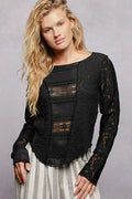 POL Round Neck Long Sleeve Exposed Seam Top with Lace Detail-0