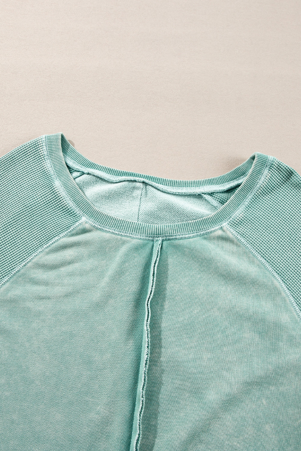 Mineral Blue Solid Waffle Knit Patchwork Raglan Sleeve Sweatshirt