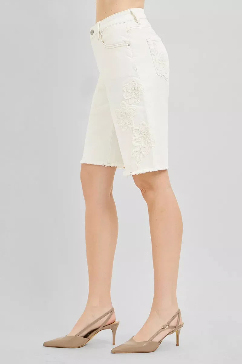 RISEN Slouchy Relaxed Floral Embroidered Bermuda Denim Shorts-3