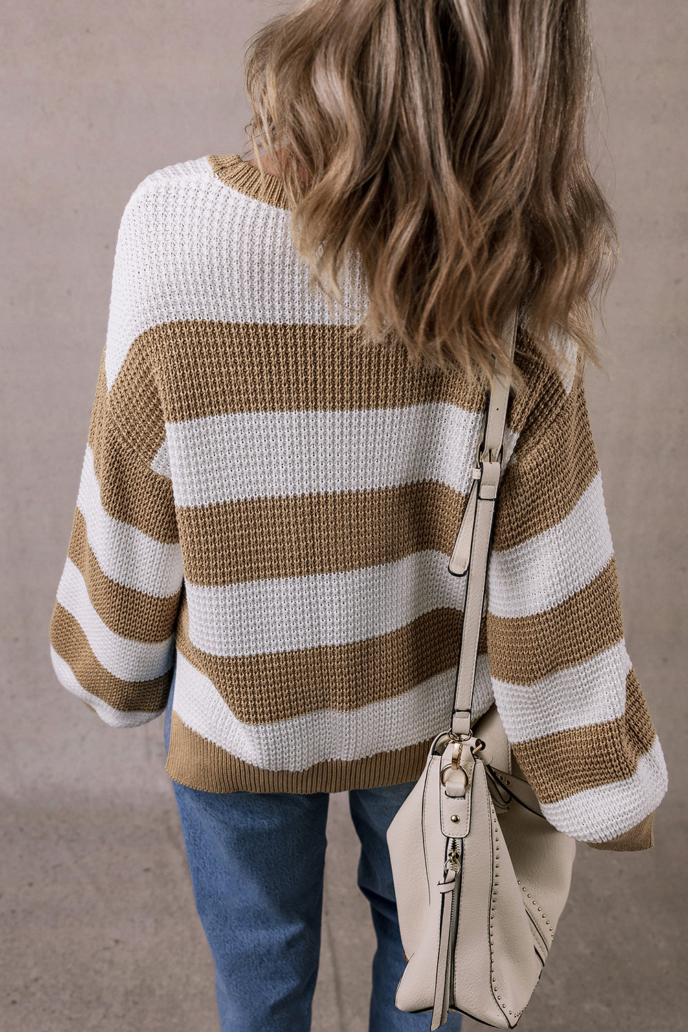 Light French Beige Colorblock Striped Drop Shoulder Side Slit Sweater