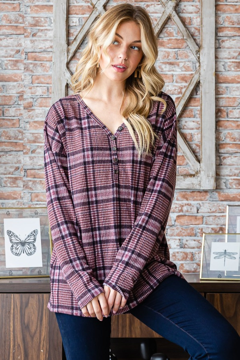 Heimish Full Size Plaid V-Neck Long Sleeve Top-0